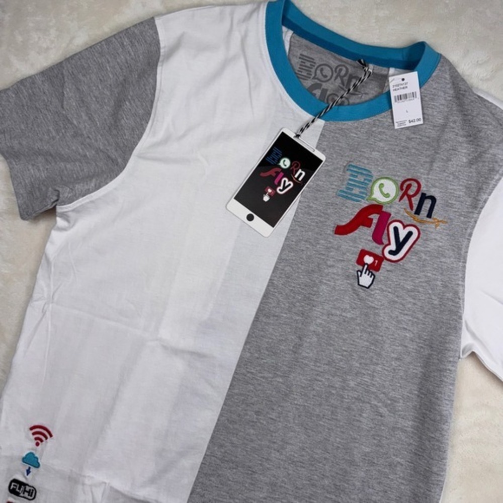 Born Fly T-Shirt Mens Large White Grey Colorblock Social Media Parody Streetwear